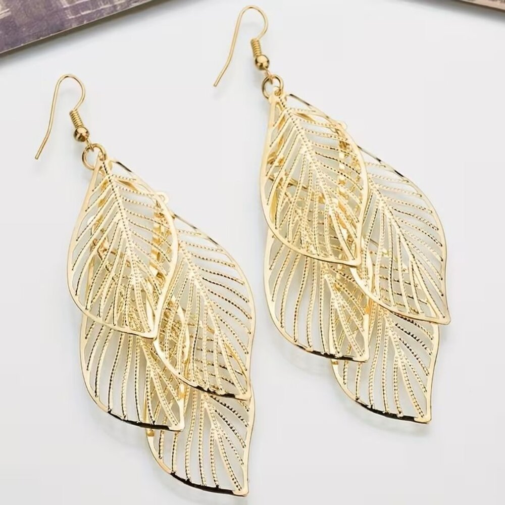 Multi-layer Hollow Leaf Pendant Golden Dangle Earrings Retro Boho Style Z2